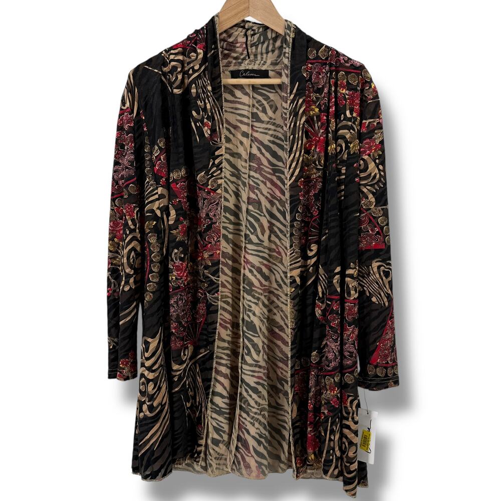 Calesssa Burnout Lagenlook Artsy Duster Cardigan Sz XL Floral Animal Print